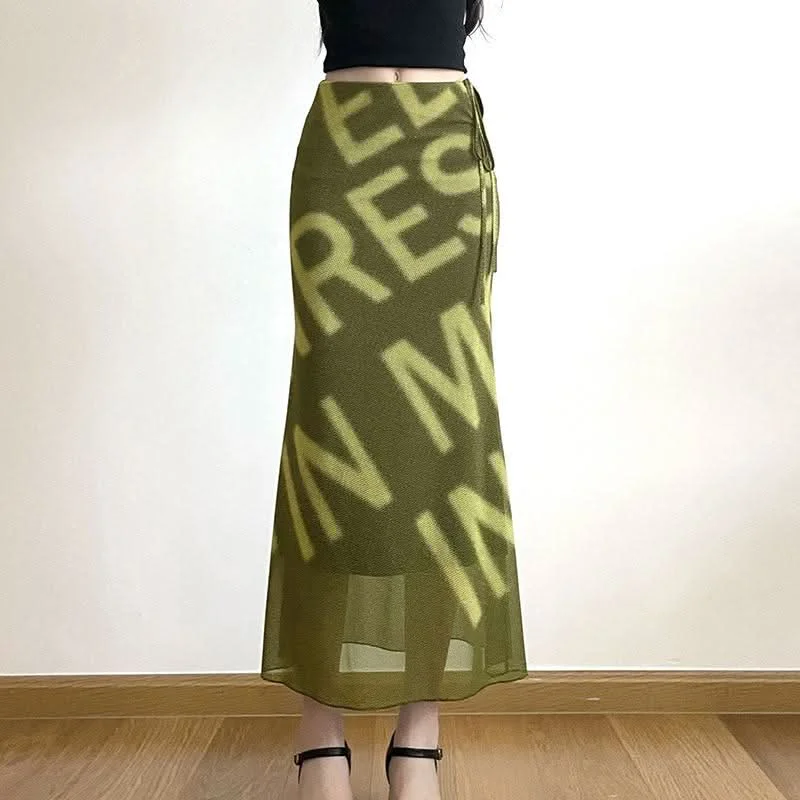 Mesh letter print hollow out self tie cut out maxi skirt midi skirt versatile