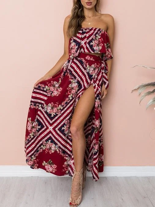 Printed Off Shoulder Tops High Waist Side Split Maxi Skirt Two Pieces Set modal blend skirt