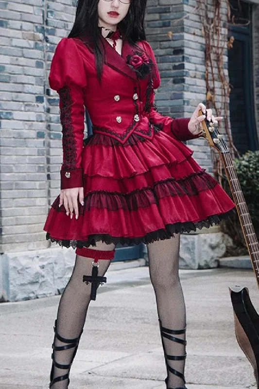 Red Gothic Punk Long Sleeves Removable Corsage Lolita Skirt Set linen skirt light