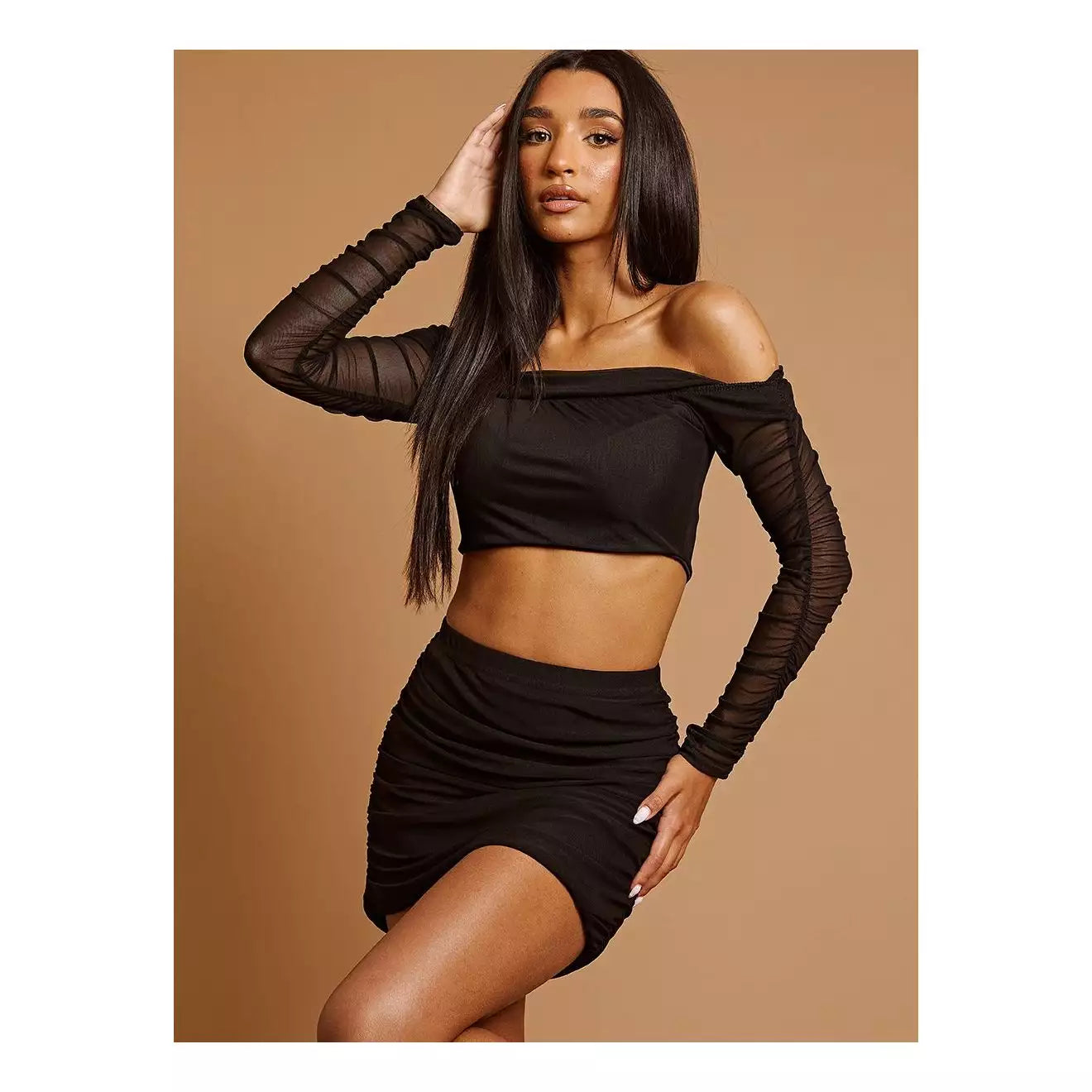 Ruched Mesh Bardot Black Crop Top & Skirt Co-ord 0601 lace skirt romantic