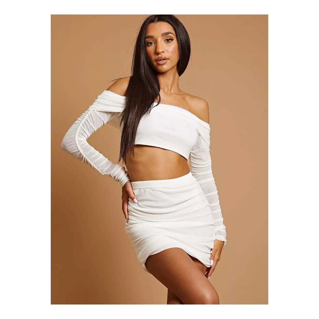 Ruched Mesh Bardot Cream Crop Top & Skirt Co-ord 0601 leather skirt refined