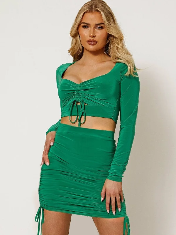 Slinky Cut Out Ruched Green Crop Top & Skirt Co-ord 0602 silk skirt lustrous