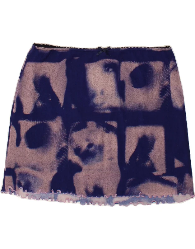 VINTAGE Womens Abstract Pattern Mini Skirt XL W36 Blue Polyester denim skirt stylish