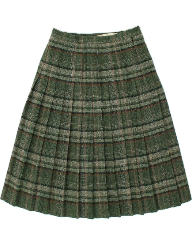 VINTAGE Womens Knife Pleated Skirt UK 16 Large W32 Green Check Wool denim skirt durable