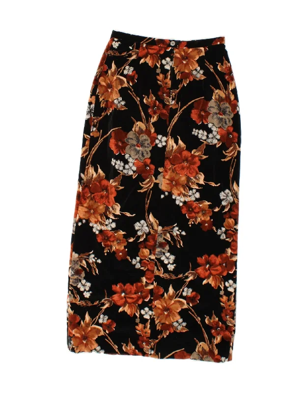 VINTAGE Womens Maxi Skirt IT 40 Small W26  Black Floral high slit skirt