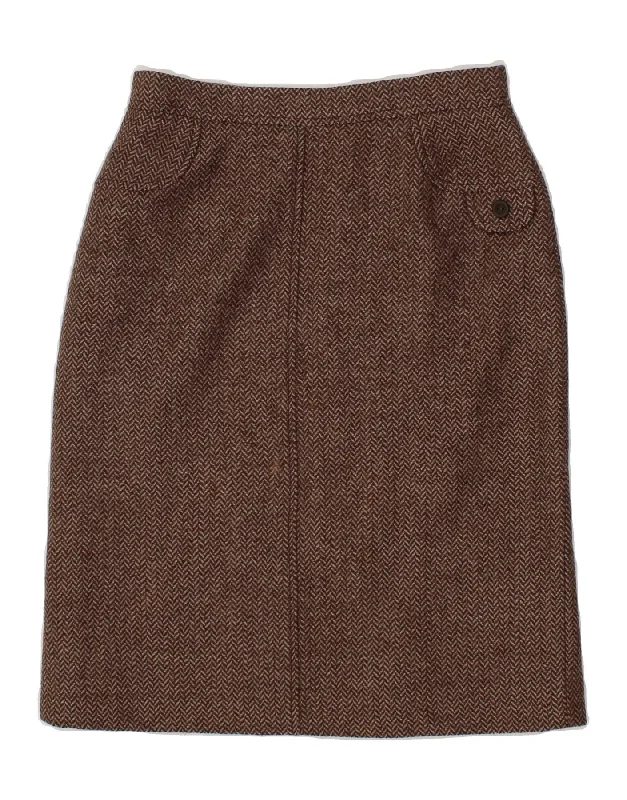 VINTAGE Womens Midi Skirt W26 Small Brown Herringbone wool skirt sturdy