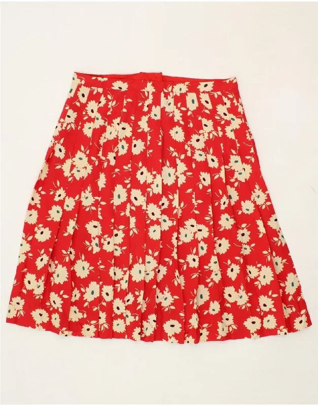 VINTAGE Womens Pleated Skirt W32 Large Red Floral silk skirt luxurious