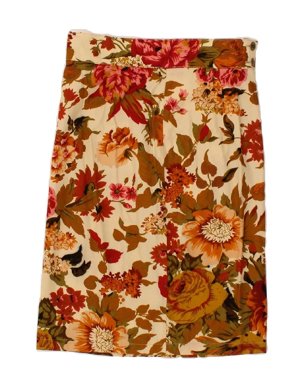 VINTAGE Womens Straight Skirt IT 42 Medium W28  Brown Floral Cotton leather skirt bold