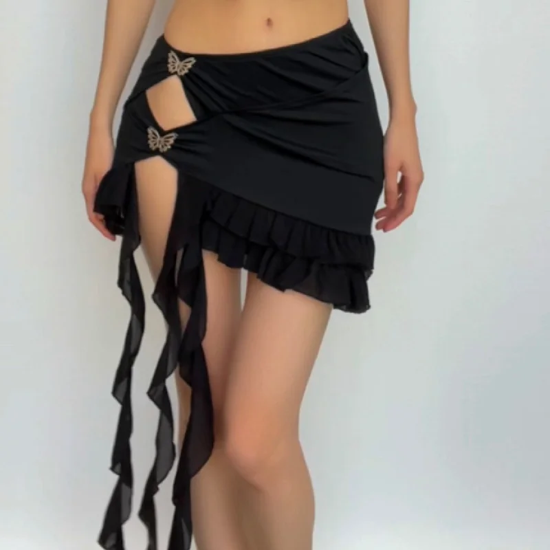 Irregular hollow out ribbon butterfly applique solid ruffle cut out mini skirt denim skirt durable