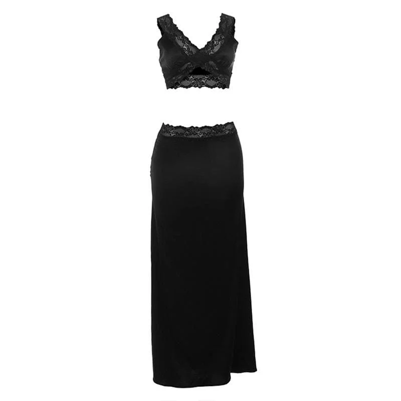 Lace hem patchwork v neck solid tank maxi skirt set belted skirt waist